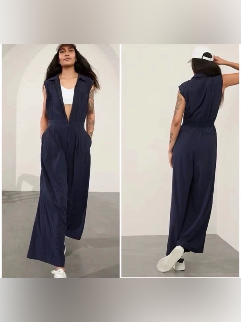 Athleta Brooklyn Heights Wide Leg Jumpsuit Navy Blue Sz 16